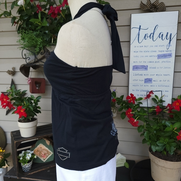 HARLEY-DAVIDSON ♡ NWOT Sweet Sexy Black Silver Studded Tie Back H-D Halter Top S - Picture 3 of 17